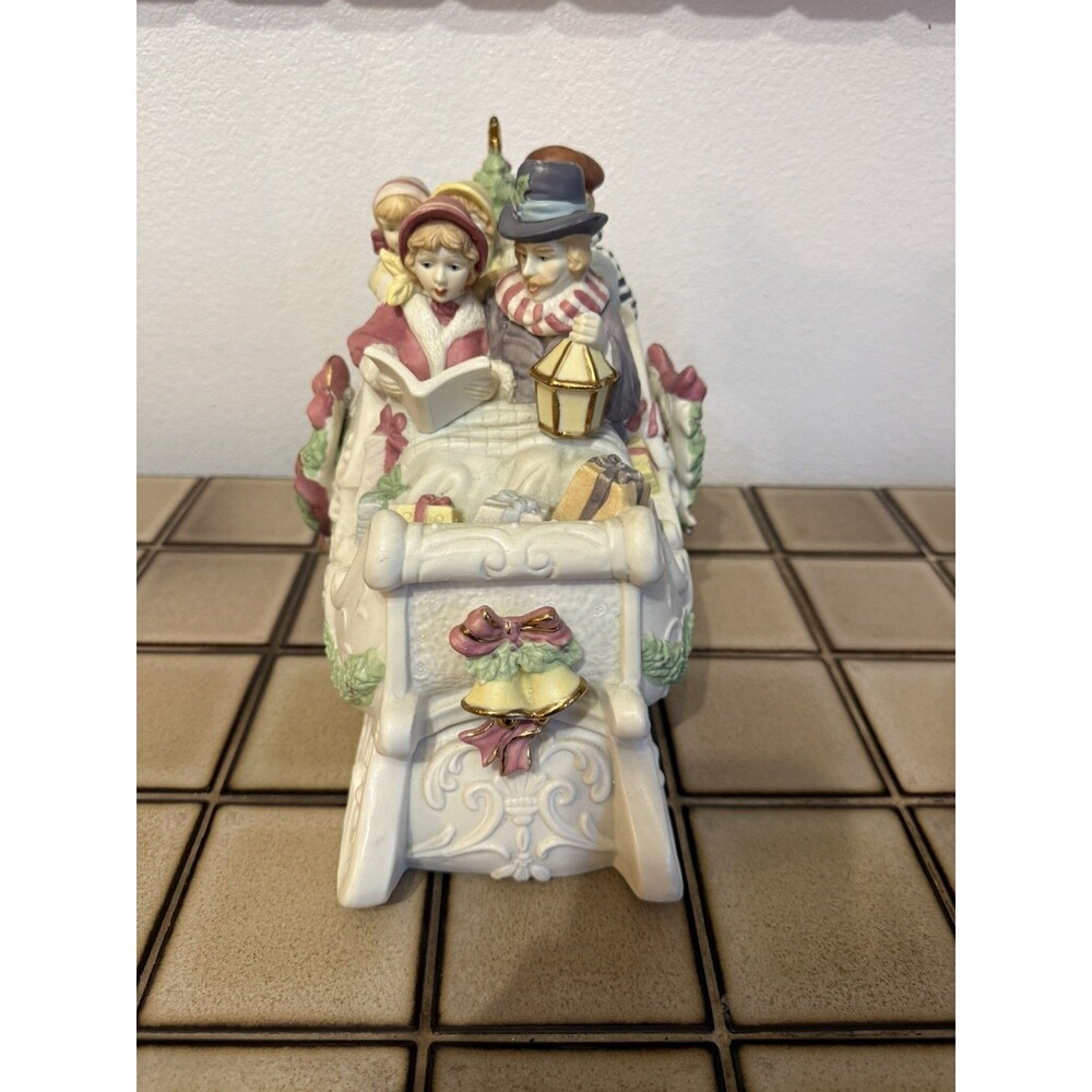 Vintage Porcelain Christmas Sleigh Carolers Music Box Victorian Holiday Decor